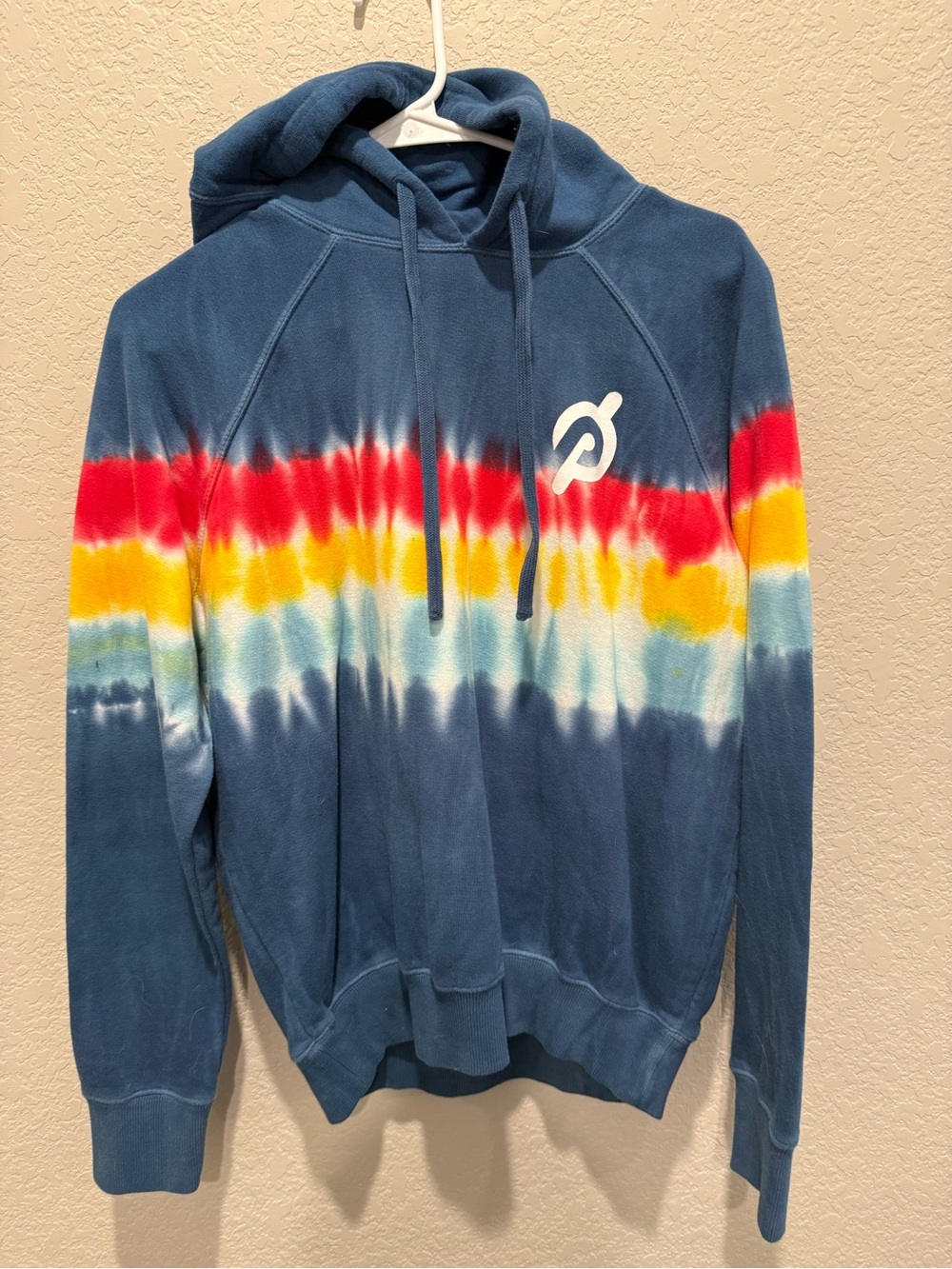 Peloton Men’s Blue Tie-Dye Pullover Hoodie with Rainbow Stripes